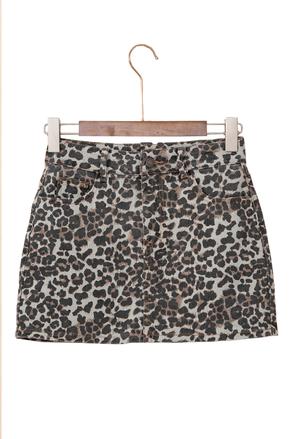 Khaki Allover Leopard Print Denim Mini Skirt