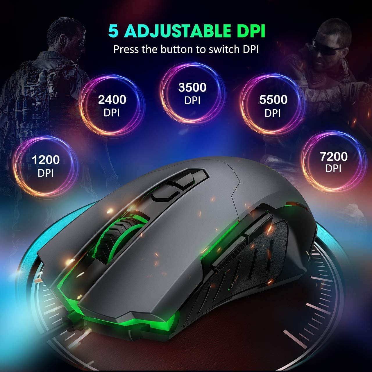 PICTEK Gaming Mouse Wired [7200 DPI] [Programmable] [Breathing Light] Ergonomic USB Computer Mice RGB Laptop PC Gaming Mouse 7 Buttons for Windows 7/8/10/XP Vista Linux Grey