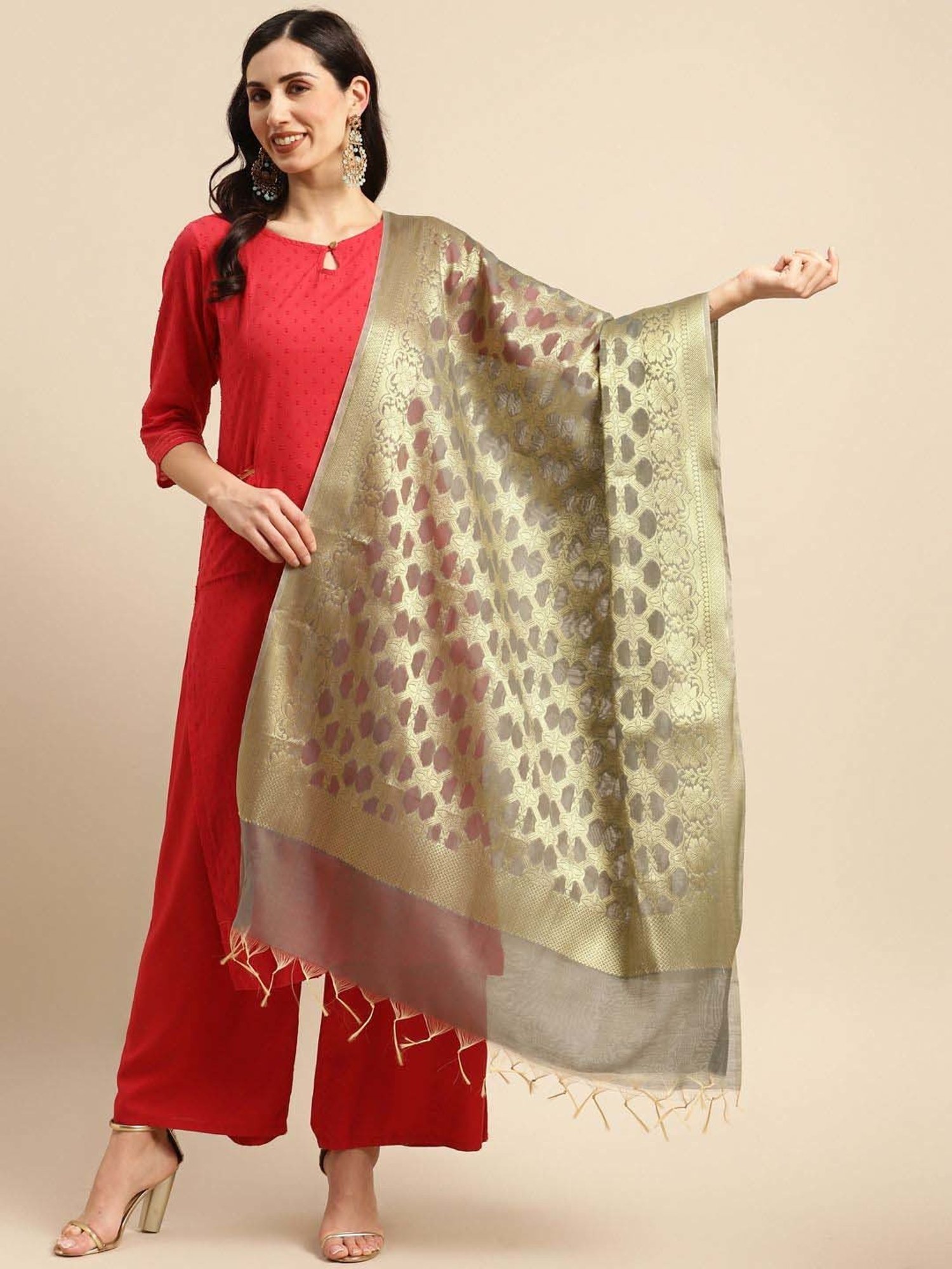 Banarasi Style Grey Cotton Woven Pattern Dupatta