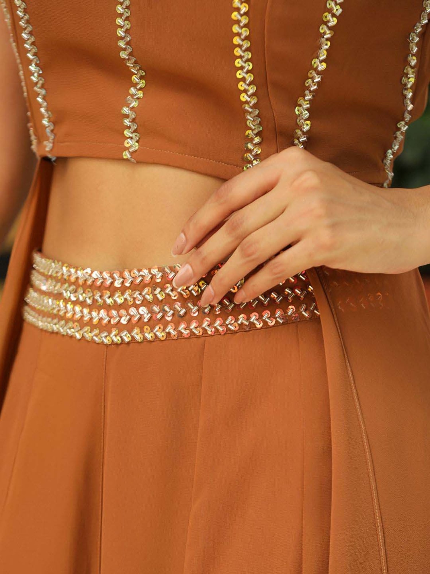 Janasya Brown Embellished Crop Top Palazzo Set