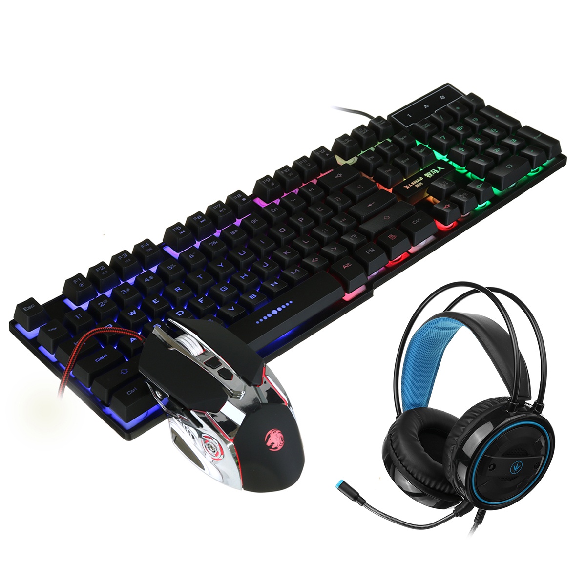 Mice Keyboards Headphones Combo 104-Key Backlit Mechanical Waterproof Wired Keyboard G5 800DPI Wired Mice 7.1 Stereo Sound 3.5MM USB E-Sports Headset with Mic RGB Luminous Gaming Set-D