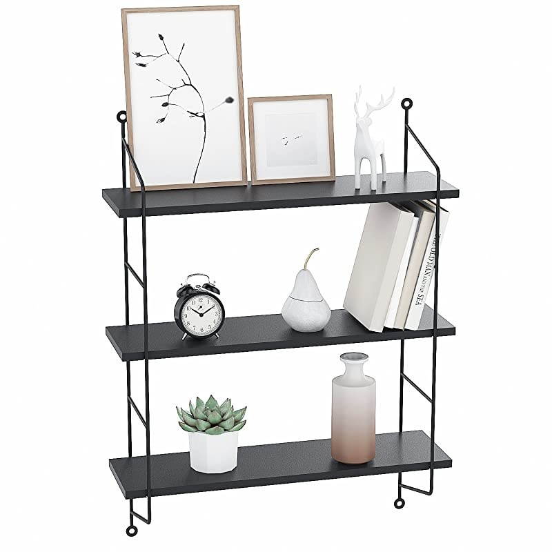 Shelves Wall Mounted Industrial Metal Frame Wood Wall Storage Shelves for Bedroom Living Room Bathroom Kitchen Office and More 3 TierBlack