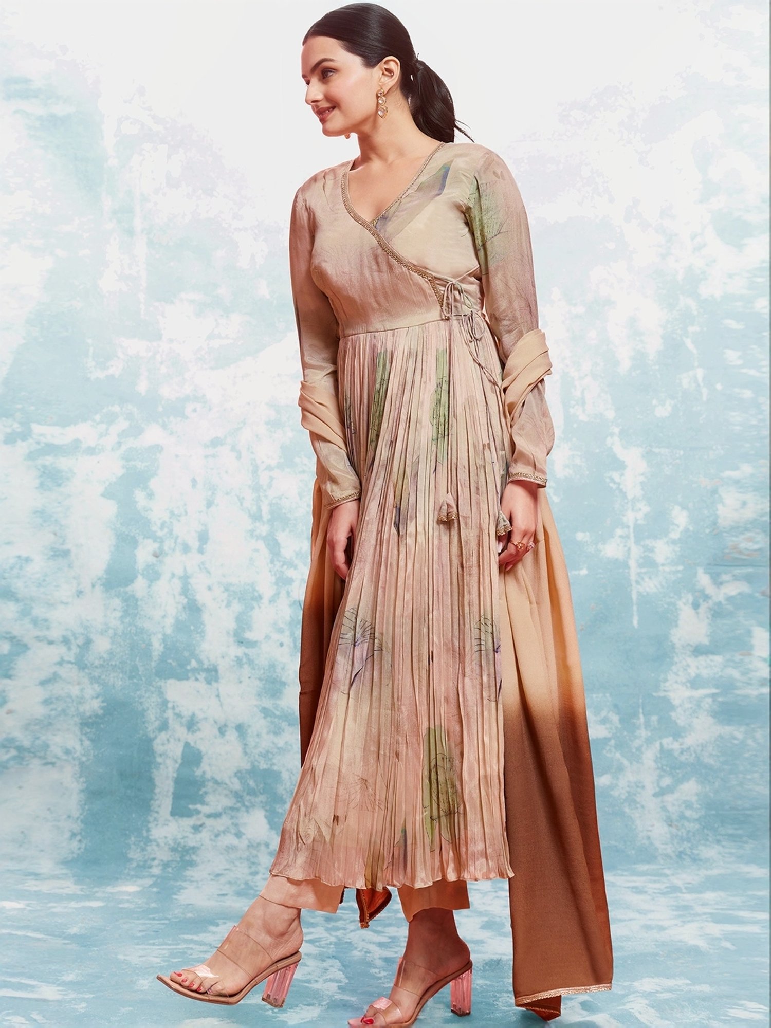 Odette Beige Printed Kurta Pant Set With Dupatta