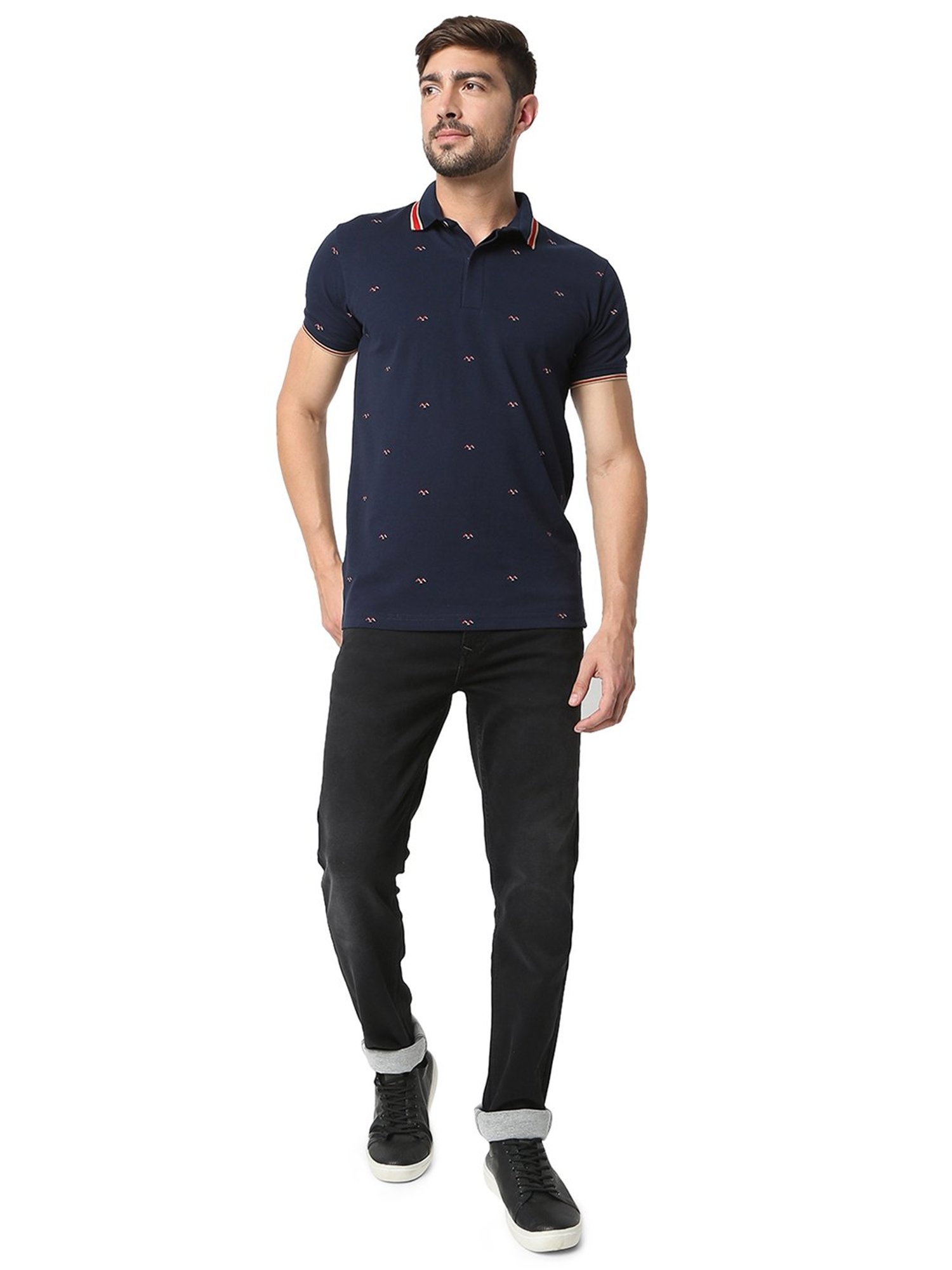 Mufti Navy Slim Fit Printed Cotton Polo T-Shirt