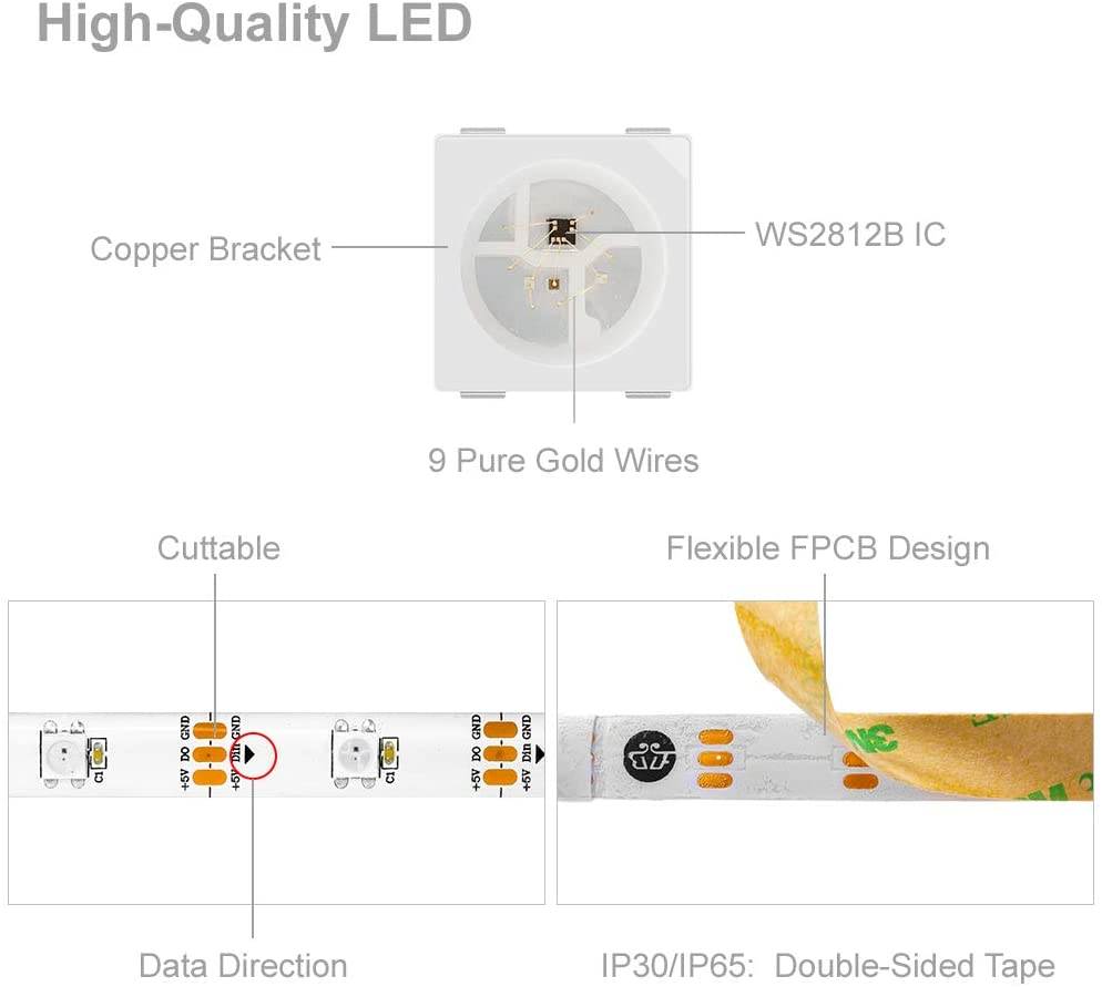 BTF-LIGHTING WS2812B RGB 5050SMD Individual Addressable 16.4FT 30Pixels/m 150Pixels Flexible White PCB Full Color LED Pixel Strip Dream Color IP65 Waterproof Making LED Screen LED Wall Only DC5V