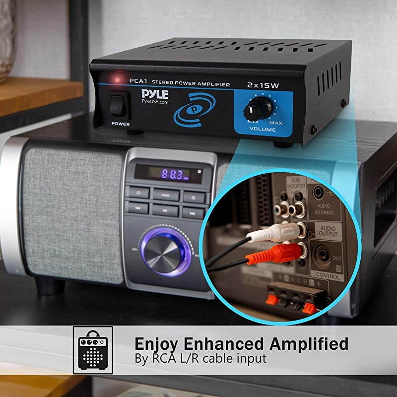 PCA1.5 2x15 Watt Stereo Power Amplifier - Compact Mini 2-Channel Portable Home Audio Speaker Receiver Box for Amplified Speakers Sound System with RCA Cable L/R Input for CD Player, Tuner, MP3