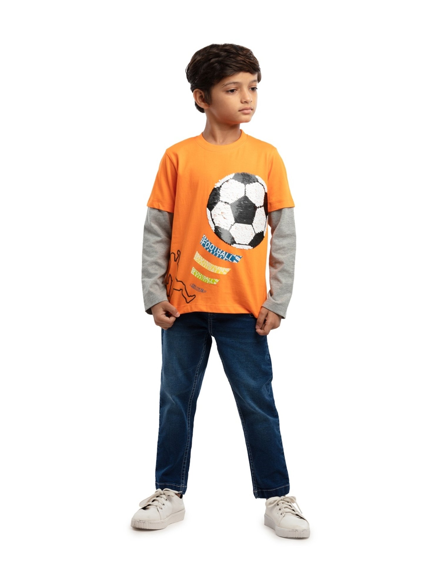Under Fourteen Only Kids Orange & Grey Cotton Embellished Full Sleeves T-Shirt