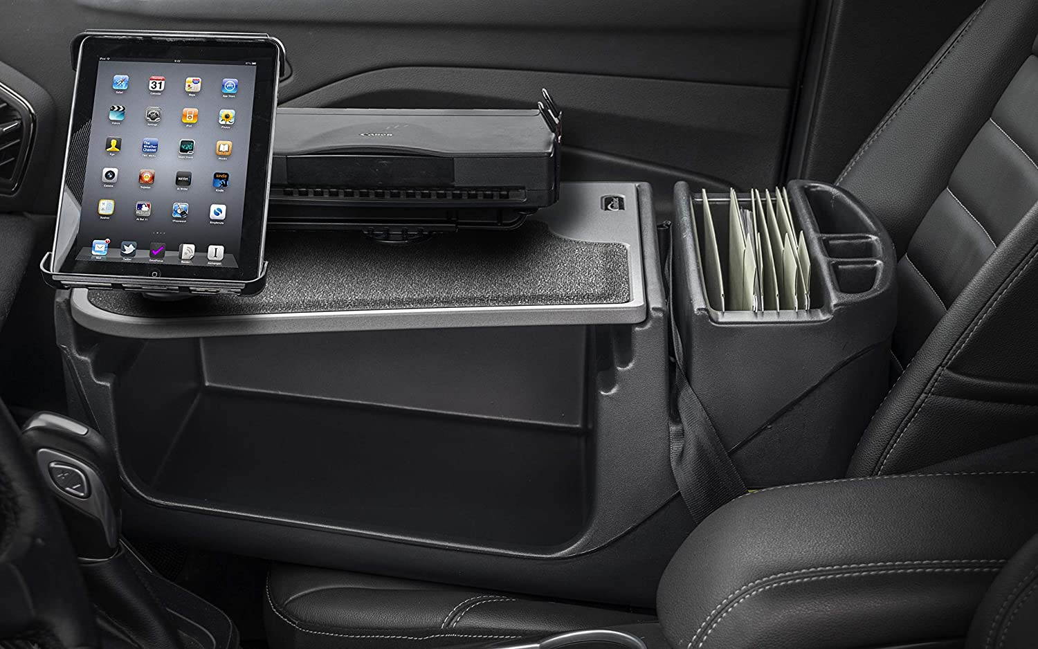 AutoExec AUE08175 Efficiency GripMaster Car Desk Grey Finish with Built-in 200 Watt Power Inverter, Printer Stand and Tablet Mount 
AESGrip-02-PS-Tablet