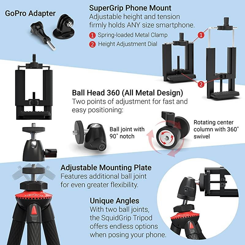 SquidGrip Flexible Cell Phone Tripod and Portable Action Camera Holder - Compatible with iPhone, GoPro, Android, Samsung, Google Pixel and All Mobile Phones