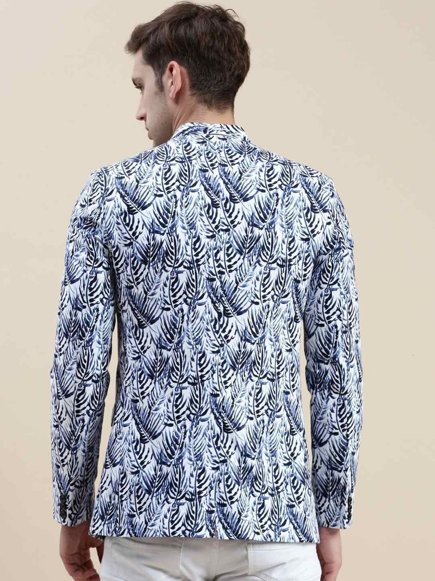 SHOWOFF White Cotton Slim Fit Printed Blazer