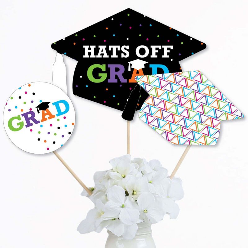 Big Dot of Happiness Hats Off Grad - Graduation Party Centerpiece Sticks - Table Toppers - Set of 15