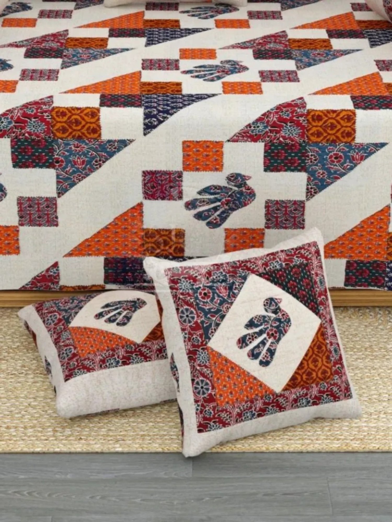 Living Roots Printed Grey 300 TC Cotton Single Diwan - Set of 8