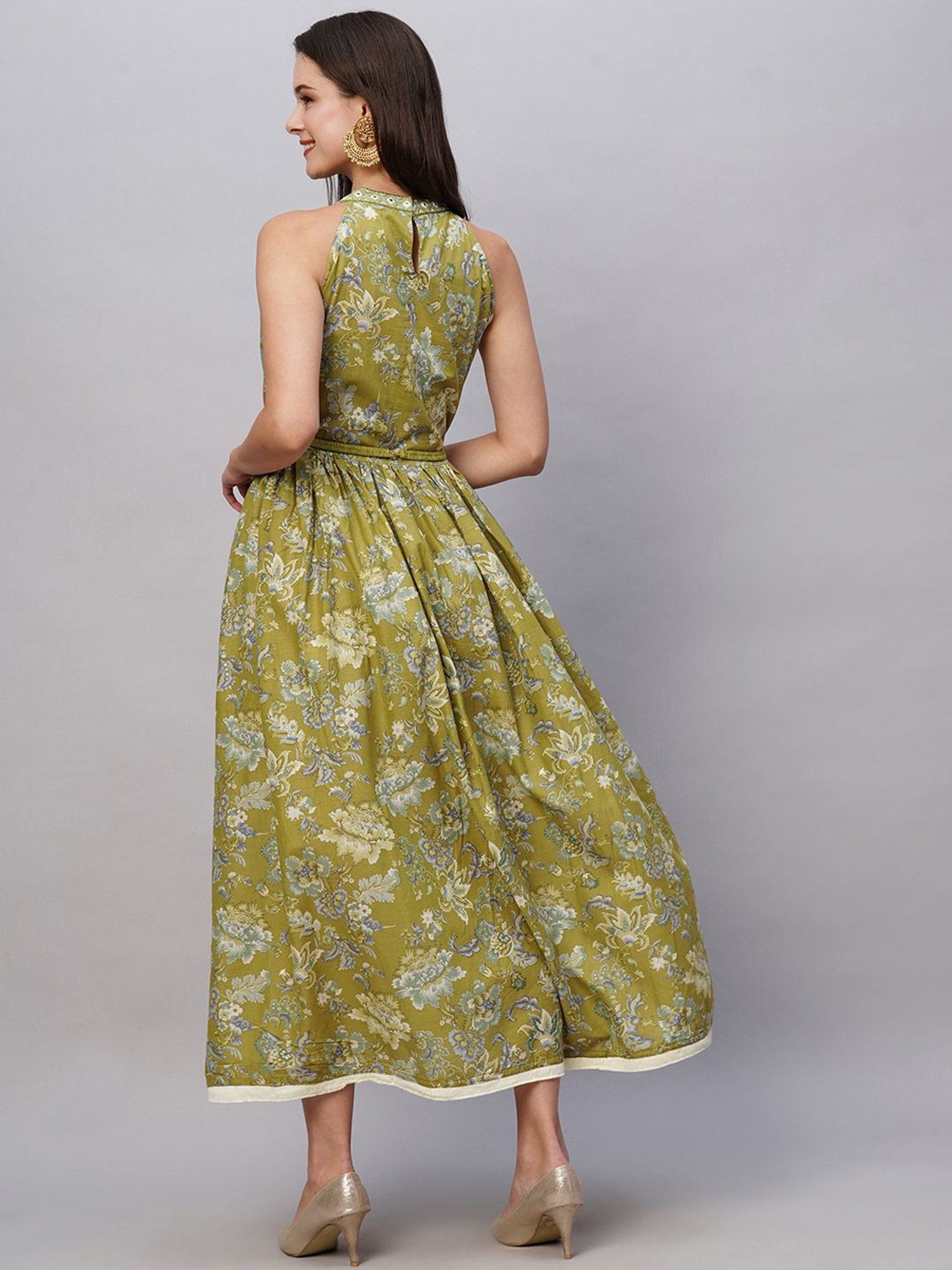 KIANA Green Cotton Printed Maxi Dress