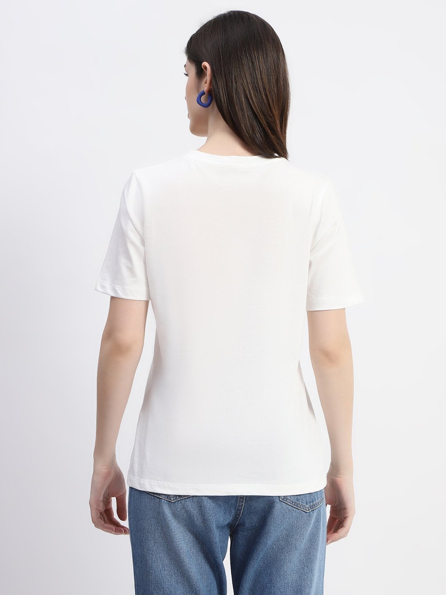 MADAME White & Blue Cotton Printed T-Shirt
