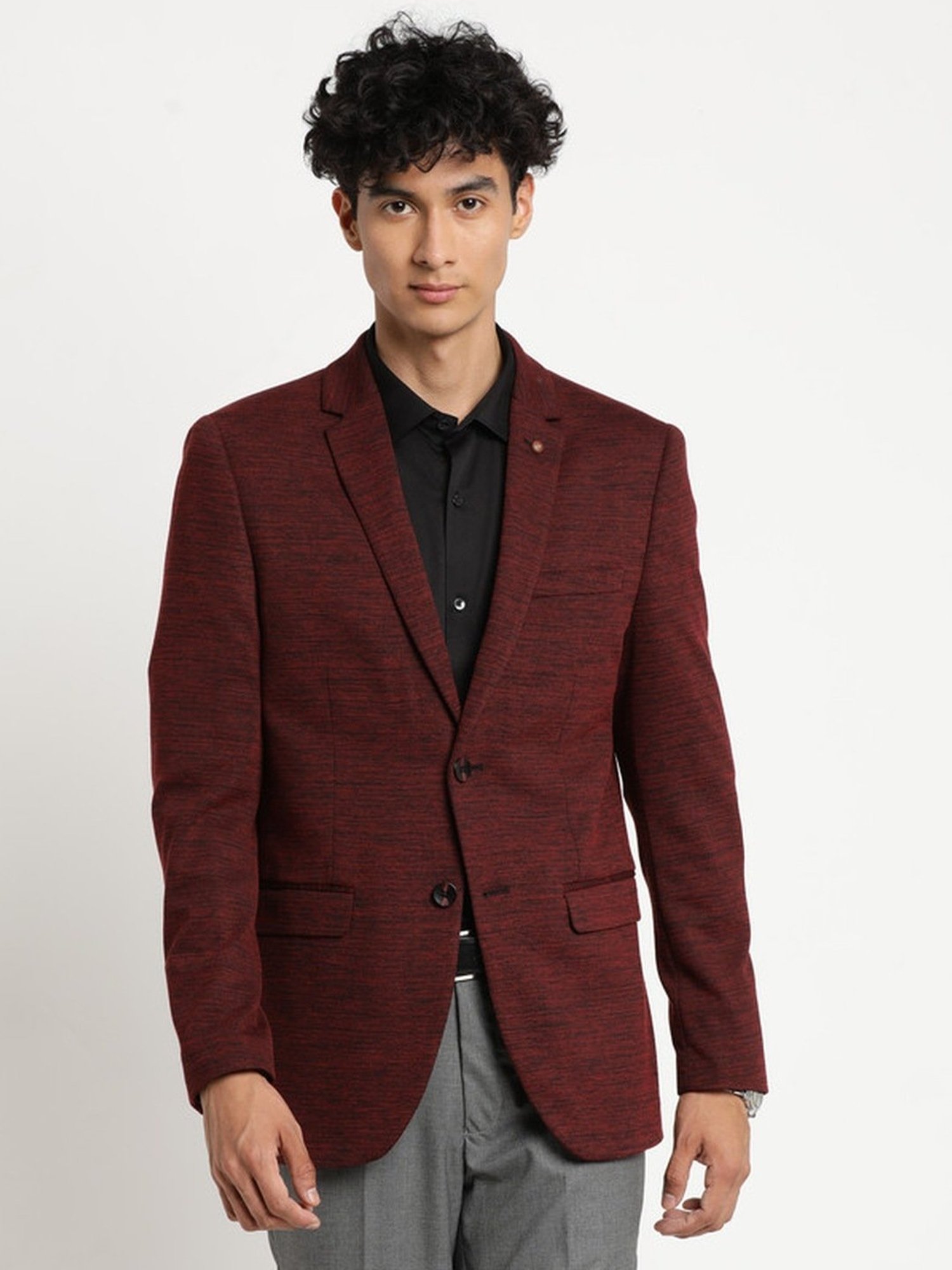 Turtle Maroon Slim Fit Self Pattern Blazer