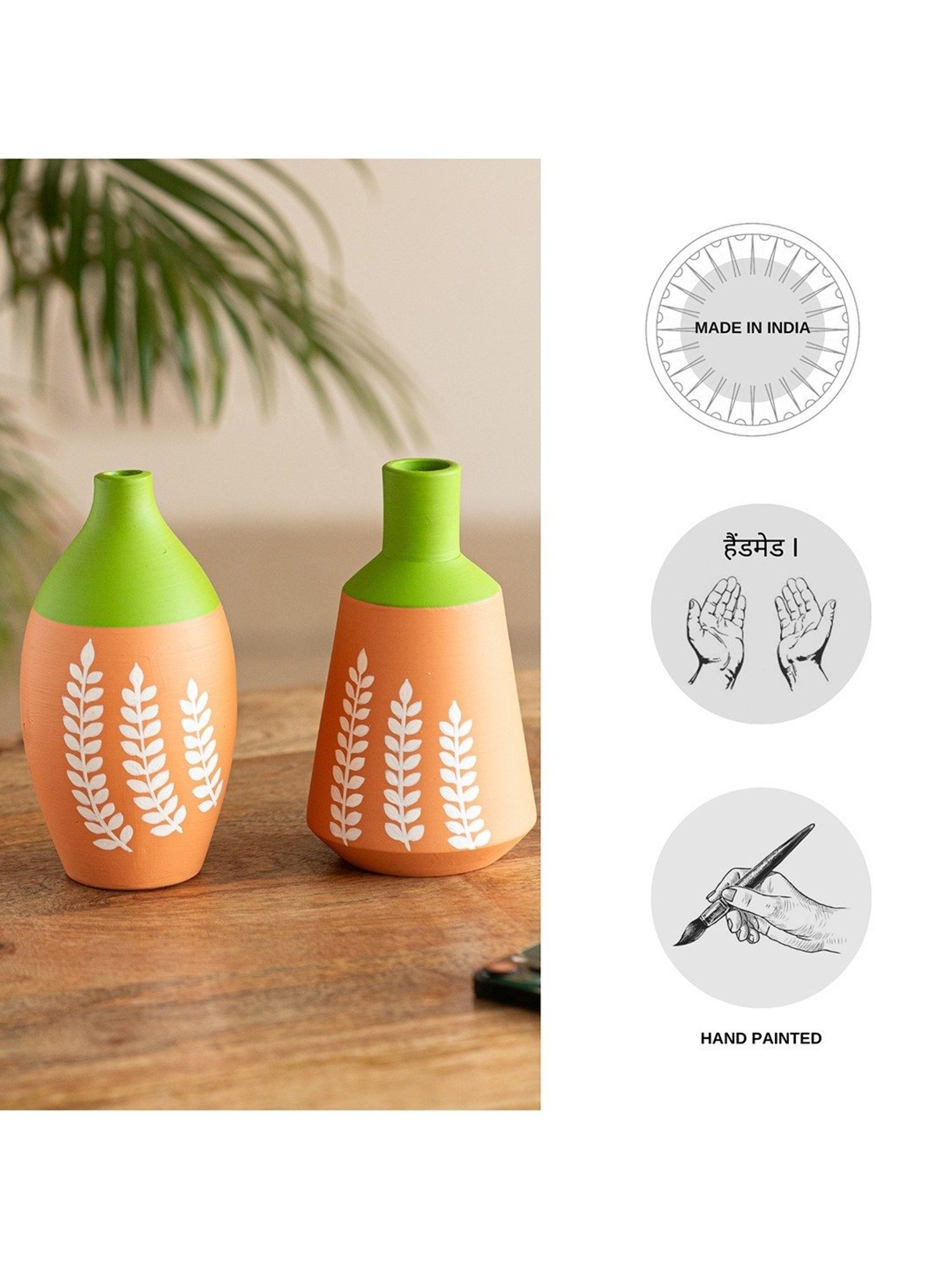 ExclusiveLane Floral Harmony Printed Green & Brown Terracotta Decorative Vases - Set of 2