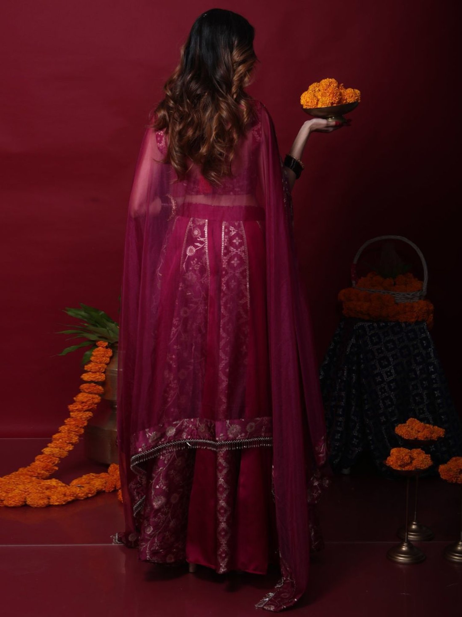 Monk and Mei Kora Kashi Plum Purple Leela-Brocade Lehenga Set