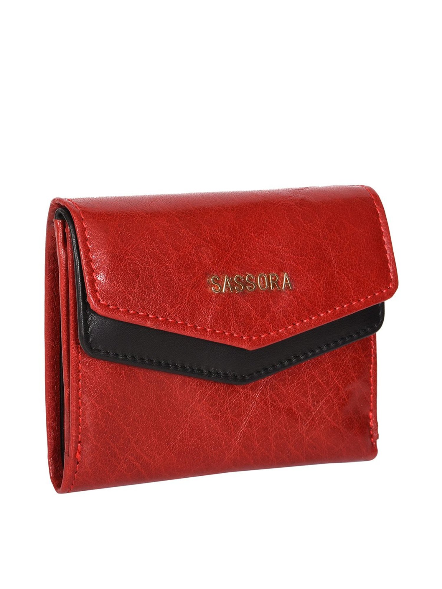 SASSORA Red & Black Solid Rfid Tri-Fold Wallet for Women