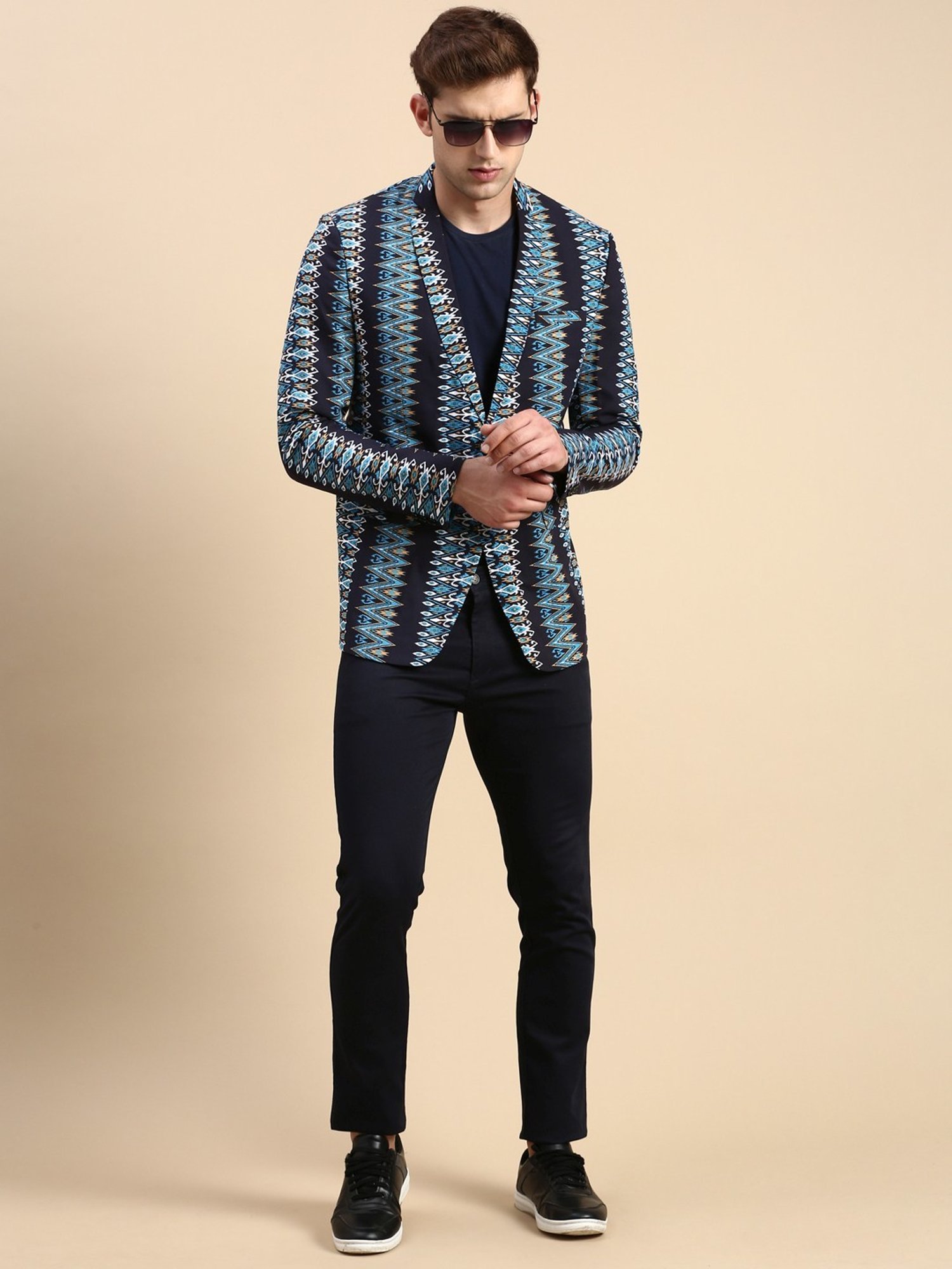 SHOWOFF Navy Blue Cotton Slim Fit Printed Blazer