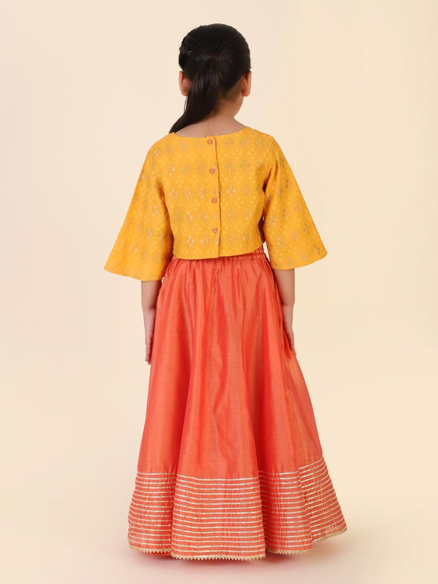 Fabindia Kids Orange Printed Lehenga, Choli with Dupatta