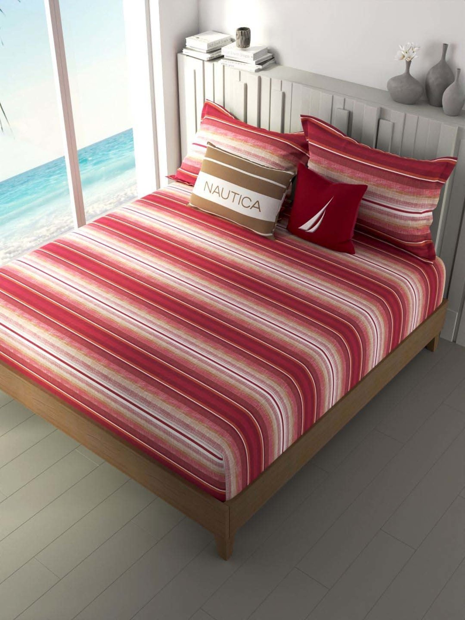 NAUTICA Ocean View Orange & Pink Cotton 160 TC King Fitted Bedsheet with 2 Pillow Cover