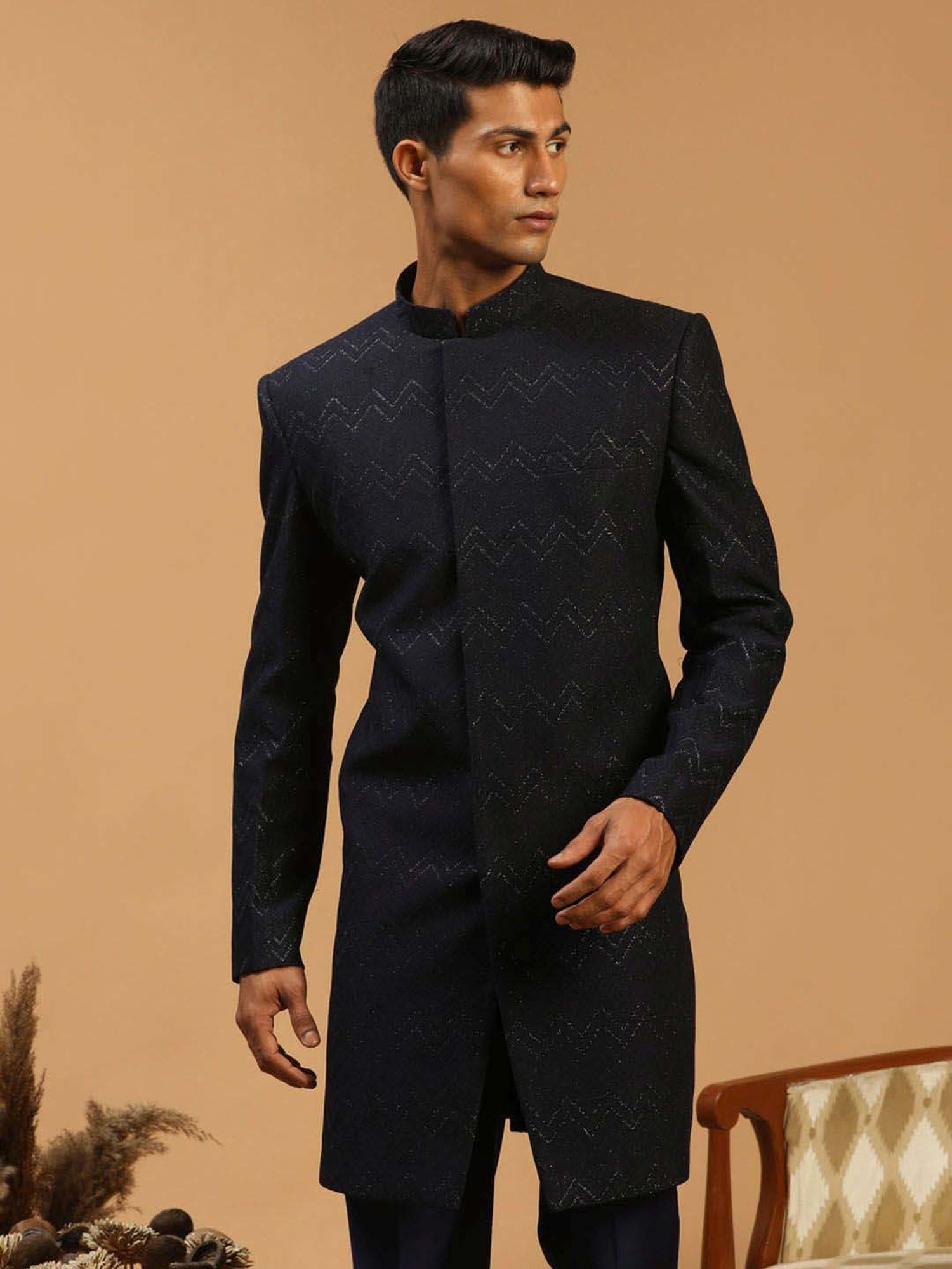 Vastramay Navy Regular Fit Embellished Sherwani Jacket