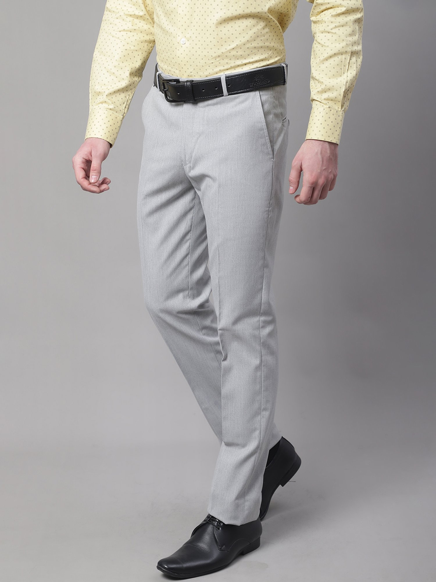 Cantabil Light Grey Regular Fit Printed Flat Front Trousers