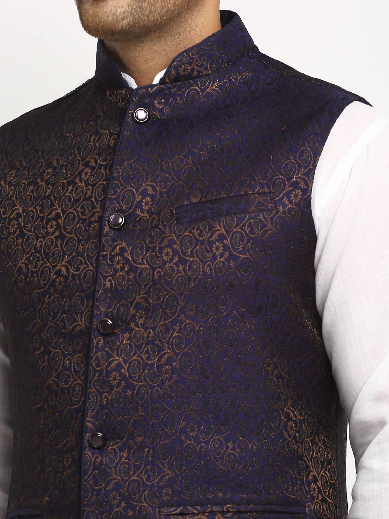 Treemoda Navy Blue Regular Fit Self Pattern Nehru Jacket
