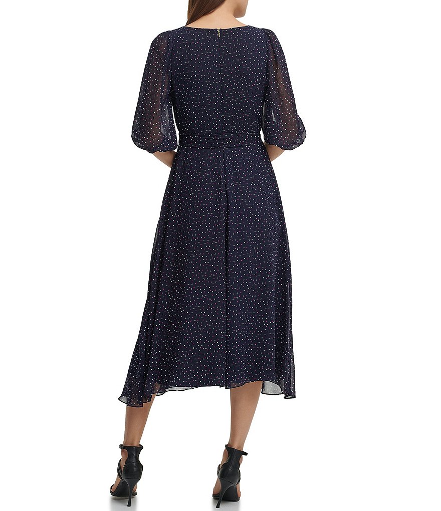 DKNY Balloon Short Sleeve V-Neck Faux Wrap Midi Dress