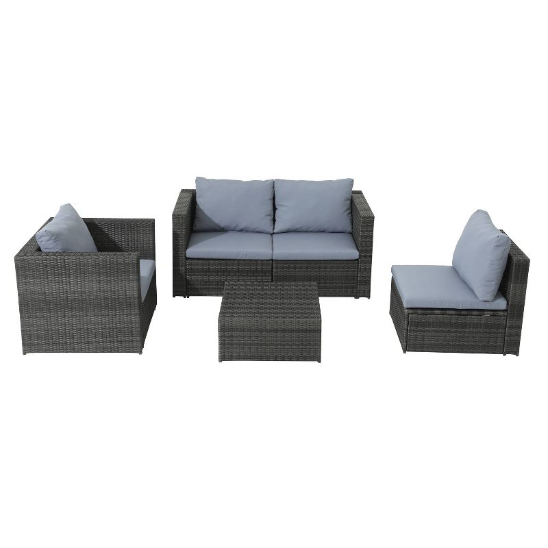 5pc Wicker Rattan Sofa Set with Gray Cushions - Accent Furniture