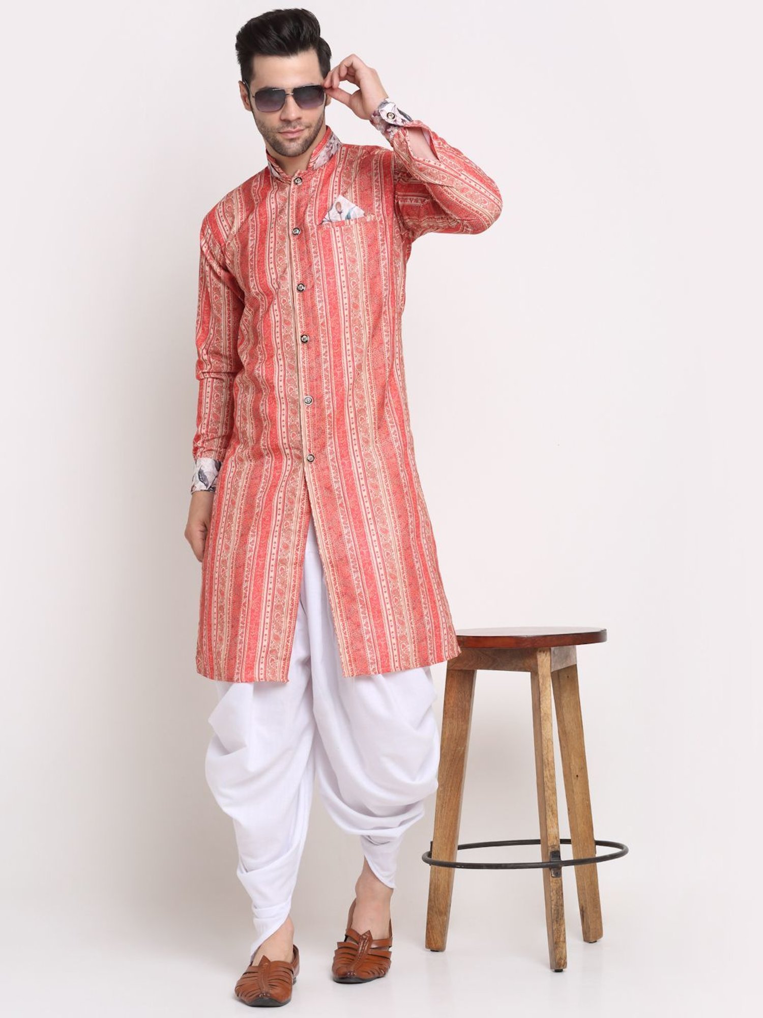 Benstoke Orange & Beige Cotton Regular Fit Printed Sherwani Set