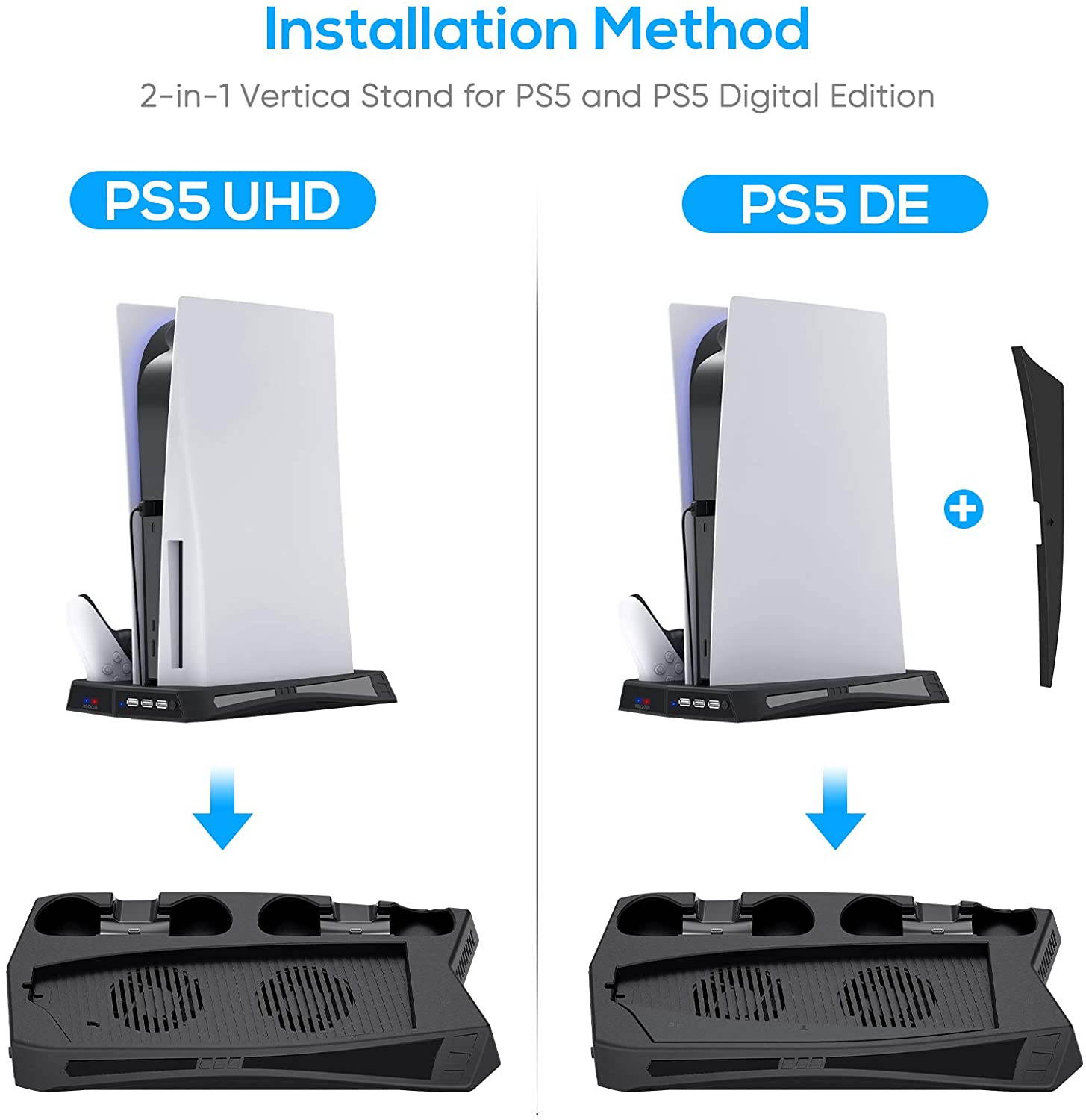 PS5 Vertical Stand Cooling Fan, Playstation 5 Accessories Controller Charge Station with Dual Controllers 3 Ports Charger Dock, Compatible with PS5 UHD and PS5 Digital Edition