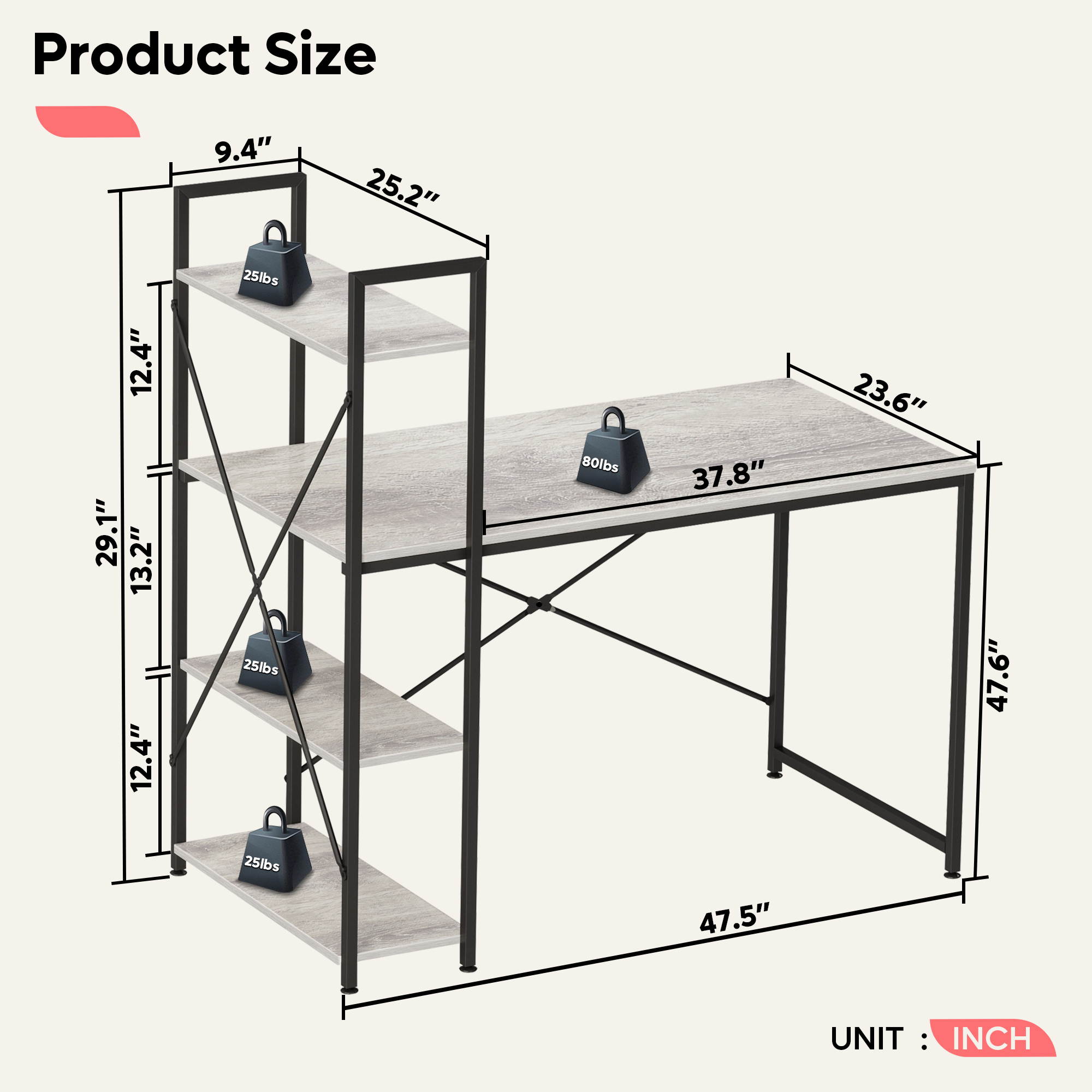 Bestier 63 Inch Computer Desk with Storage Shelves, Modern Bookshelf Desk with Headphone Hook Large Workstation Writing Desk with Reversible Bookshelves Home Office Work Table Study Desk Grey