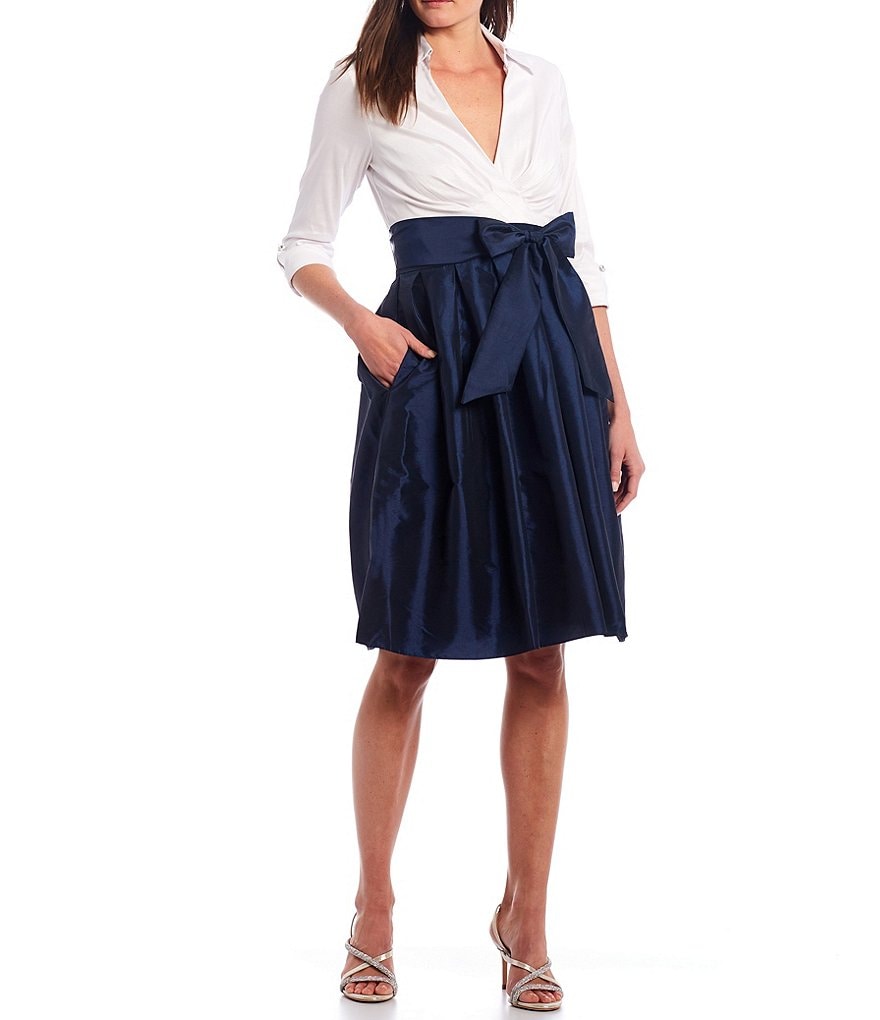 Jessica Howard V-Neck 3/4 Sleeve Collared Pleat Tie Front Dress