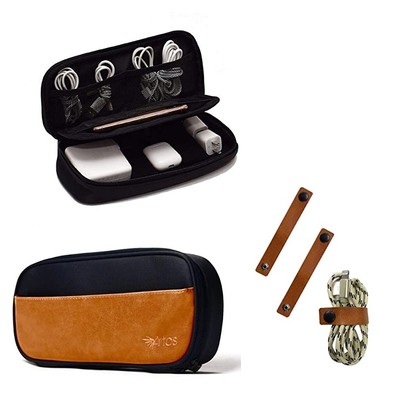 Leather Canvas Electronics Organizer Case Accessories Bag W 3 Leather Cable Straps | Tech Gadget Zipper Pouch| for Cord Phone Tablet Laptop Chargers Power Bank