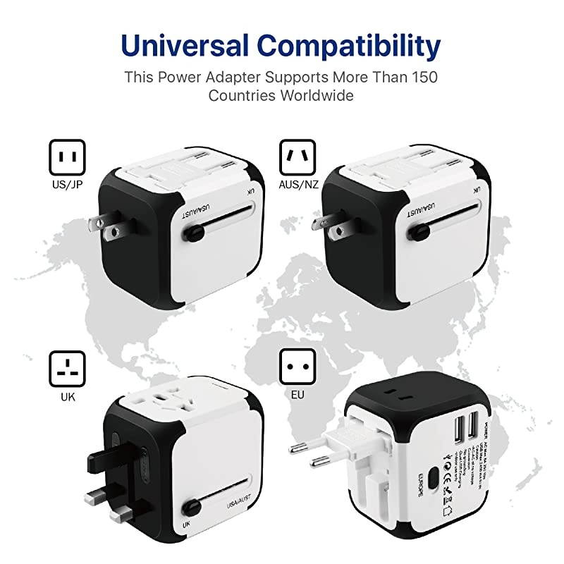 International Universal Power Adapter Converter with 2 USB Charging Ports All in One Travel Worldwide Plug Builtin Spare Fuse AC Socket Wall Outlet for US EU UK AU CN 150 Countries White