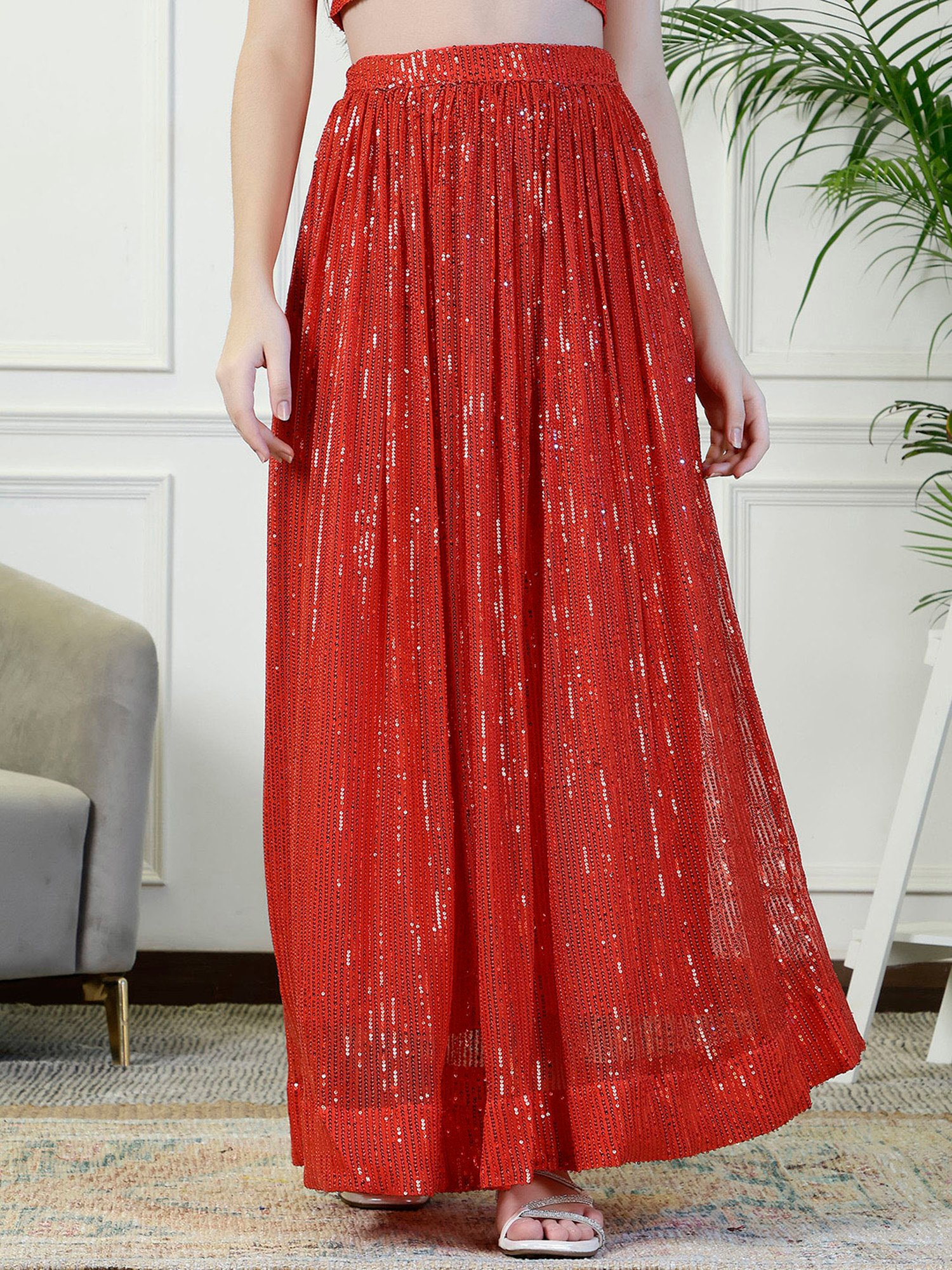 NEUDIS Red Embellished Maxi Skirt
