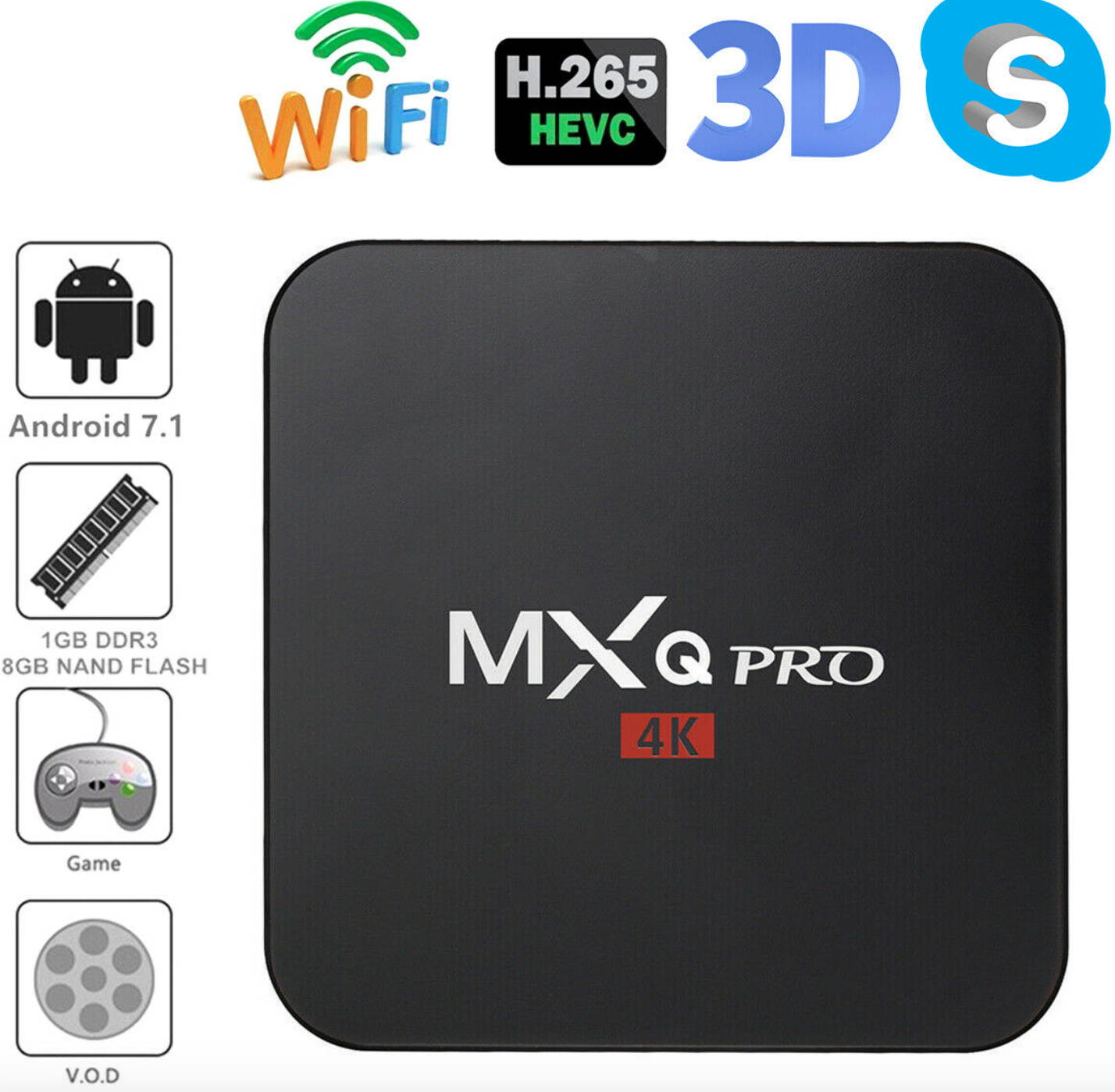 MXQ Pro 4K Ultra HD 64Bit Wifi Android 7.1 Quad Core Smart TV Box Media Player