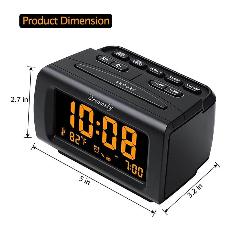 Alarm Clock Radio FM with USB Port for Bedroom, 1.2 Inch Bold Digit Display with 0%-100% Dimmer, Temperature, Snooze, Adjustable Alarm Volume, Sleep Timer, 12/24H