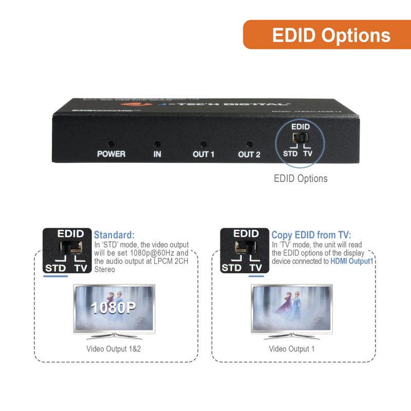 HDMI Splitter 1 in 2 out 18Gbps 4K@60Hz HDR10, DOLBY VISION by J-Tech Digital HDMI 2.0b, HDCP 2.2 compliant with smart EDID control, supports VESA video formats [JTECH-4KSP12]