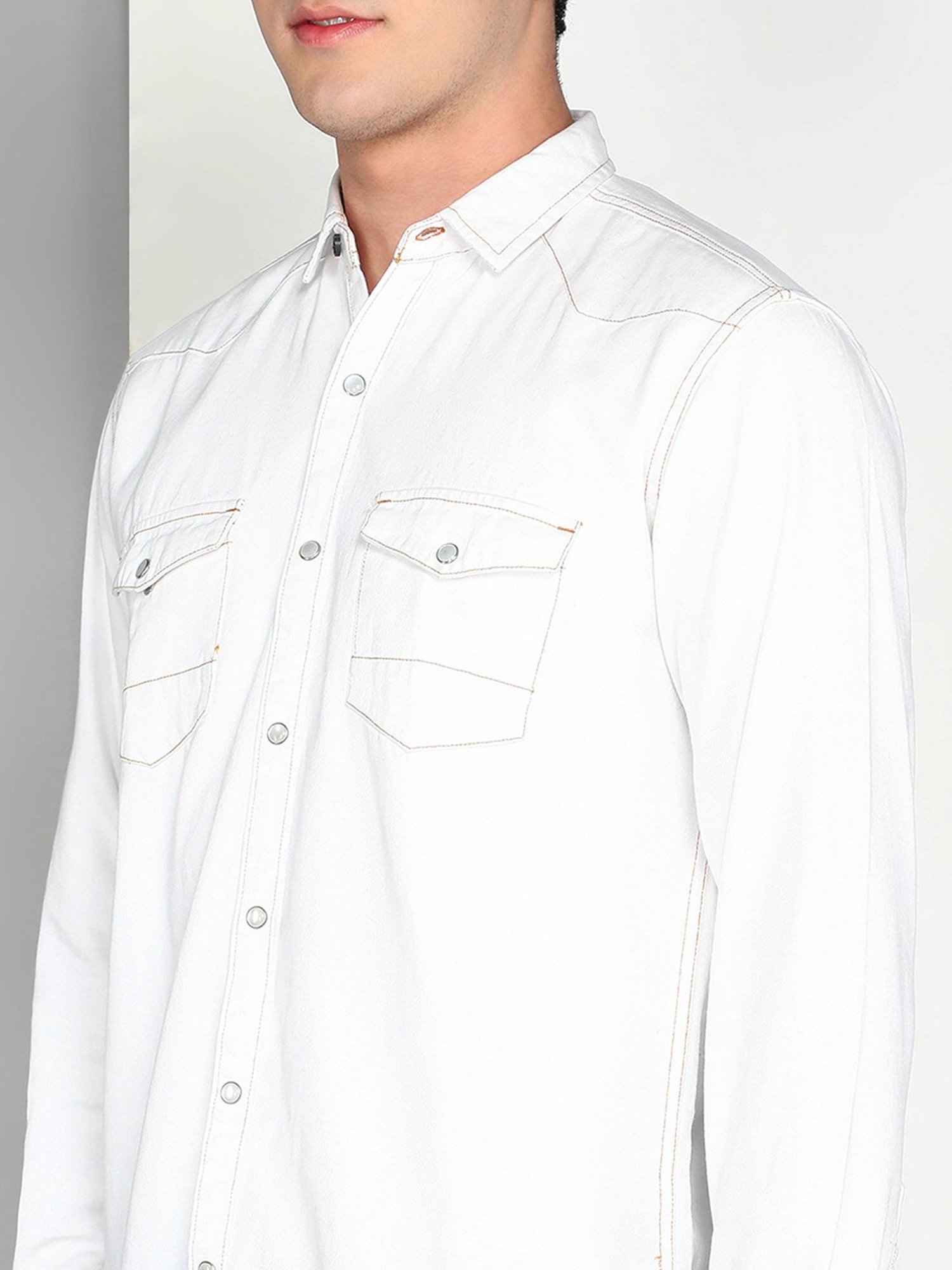 Kuons Avenue White Slim Fit Denim Shirt