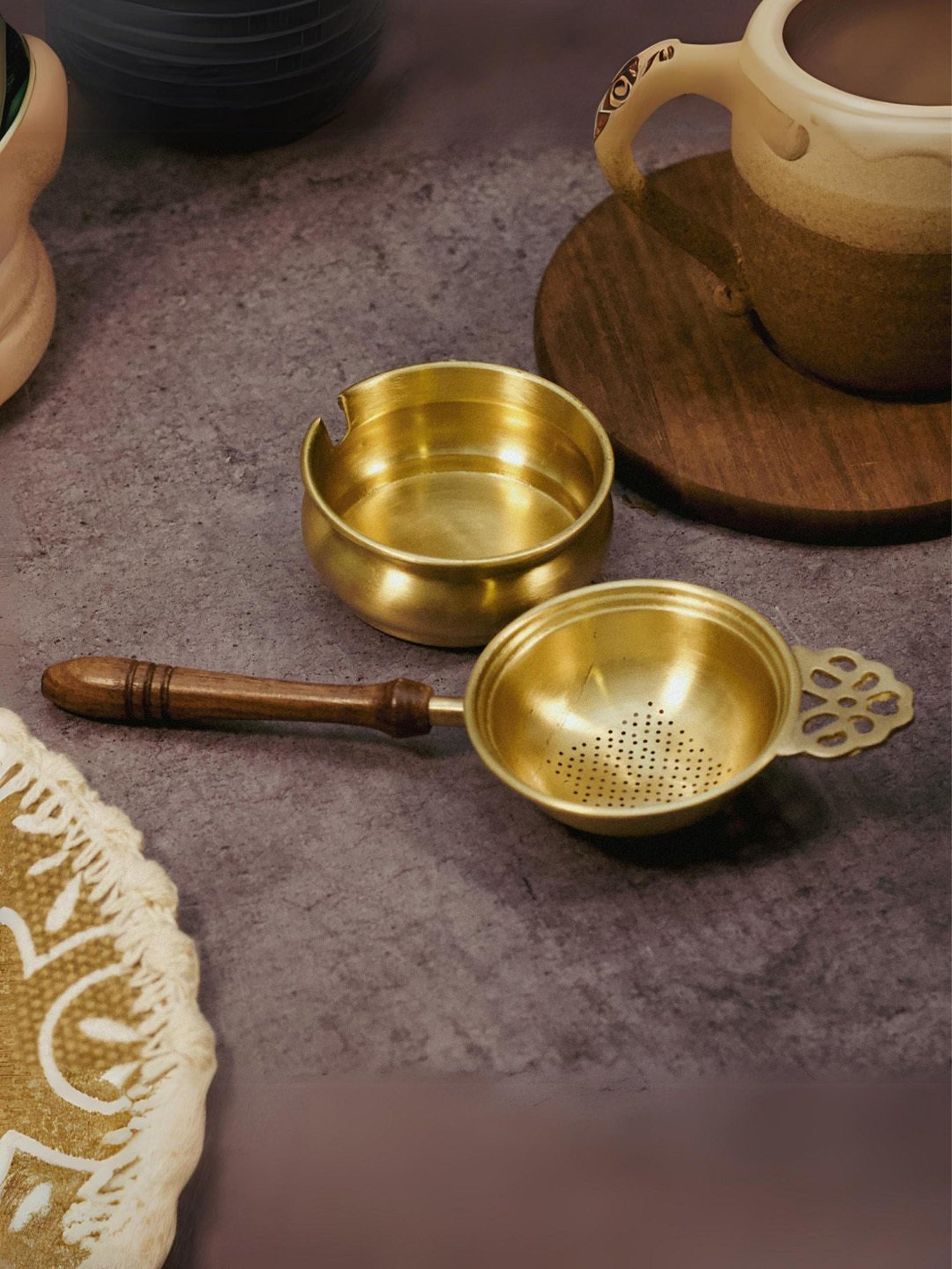Ambi Exquisite Matte Finish 2 Pc Brass Large Tea Strainer With Resting Pot