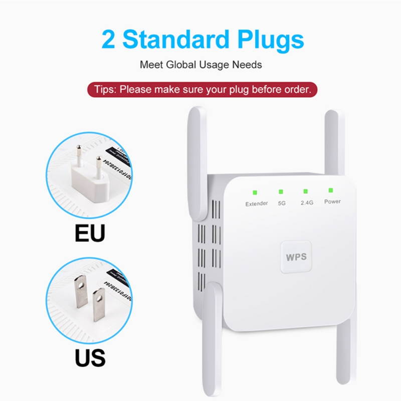 WiFi Range Extender, 1200Mbps WiFi Repeater Wireless Signal Booster, 2.4 & 5GHz Dual Band WiFi Extender White
