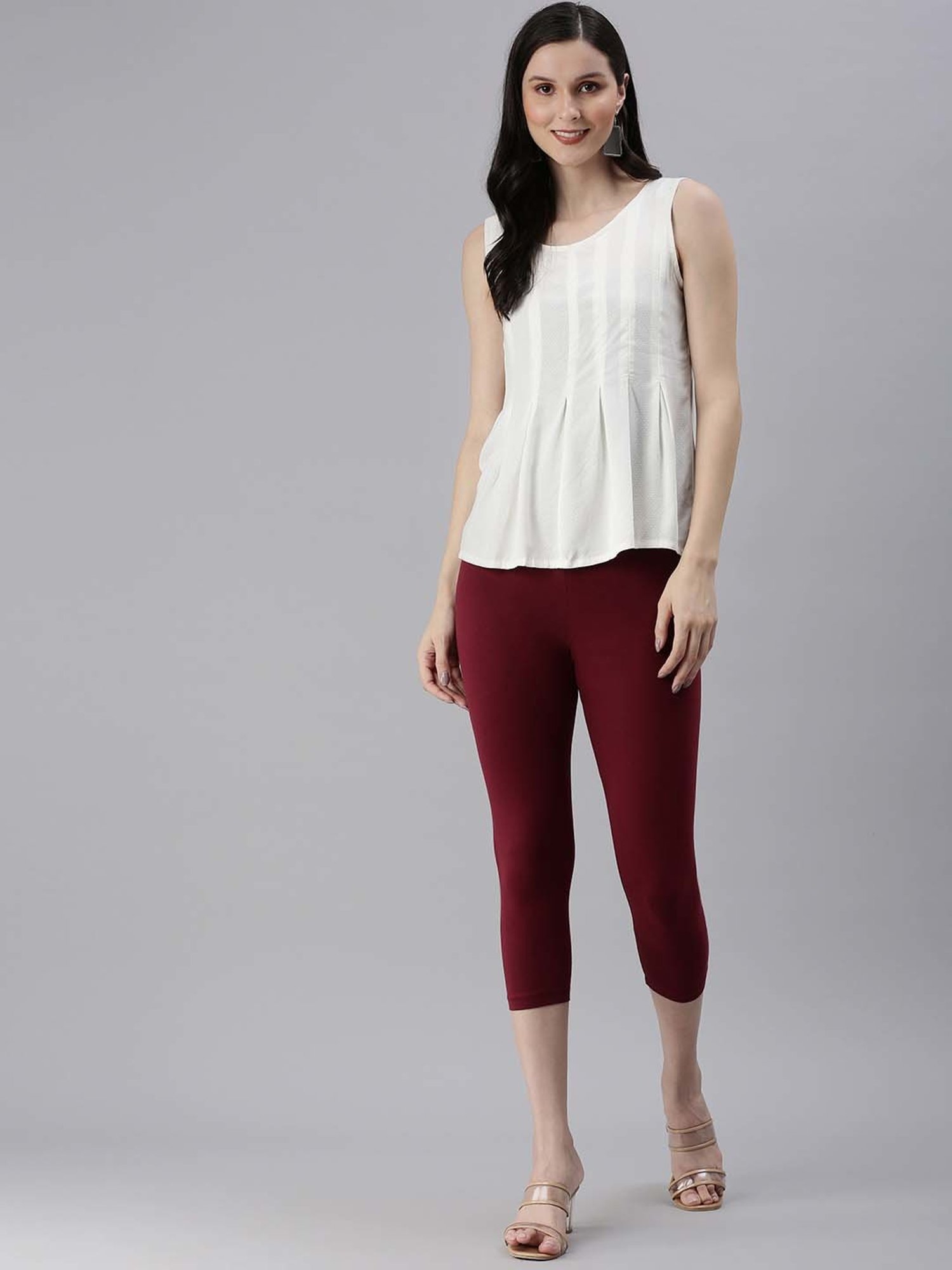 Kryptic Maroon & Green Cotton Soild Crop Length Leggings - Pack Of 2