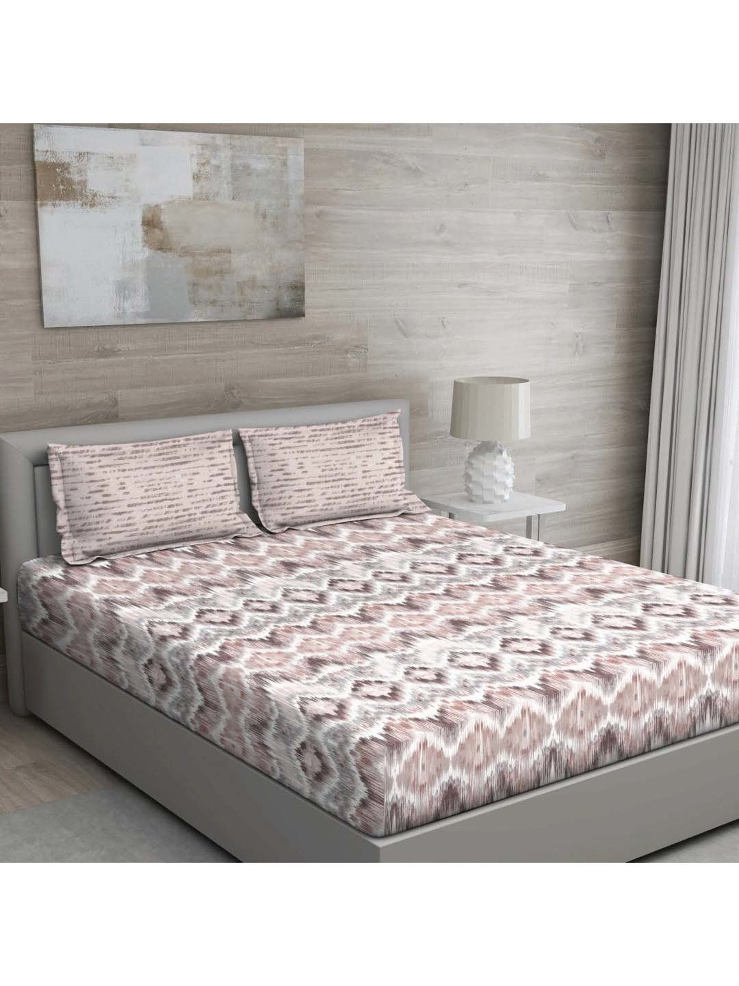 GM 'Regal' Pink & Grey Cotton 144 TC Double Bedsheet with 2 Pillow Covers