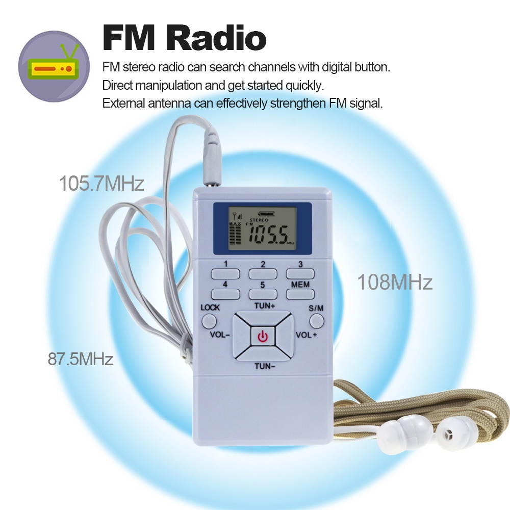 Mini Portable DSP Stereo FM Radio Digital Clock Receiver for Meeting Simultaneous Interpretation Clip-on Radio with Earphone Lanyard 1.2