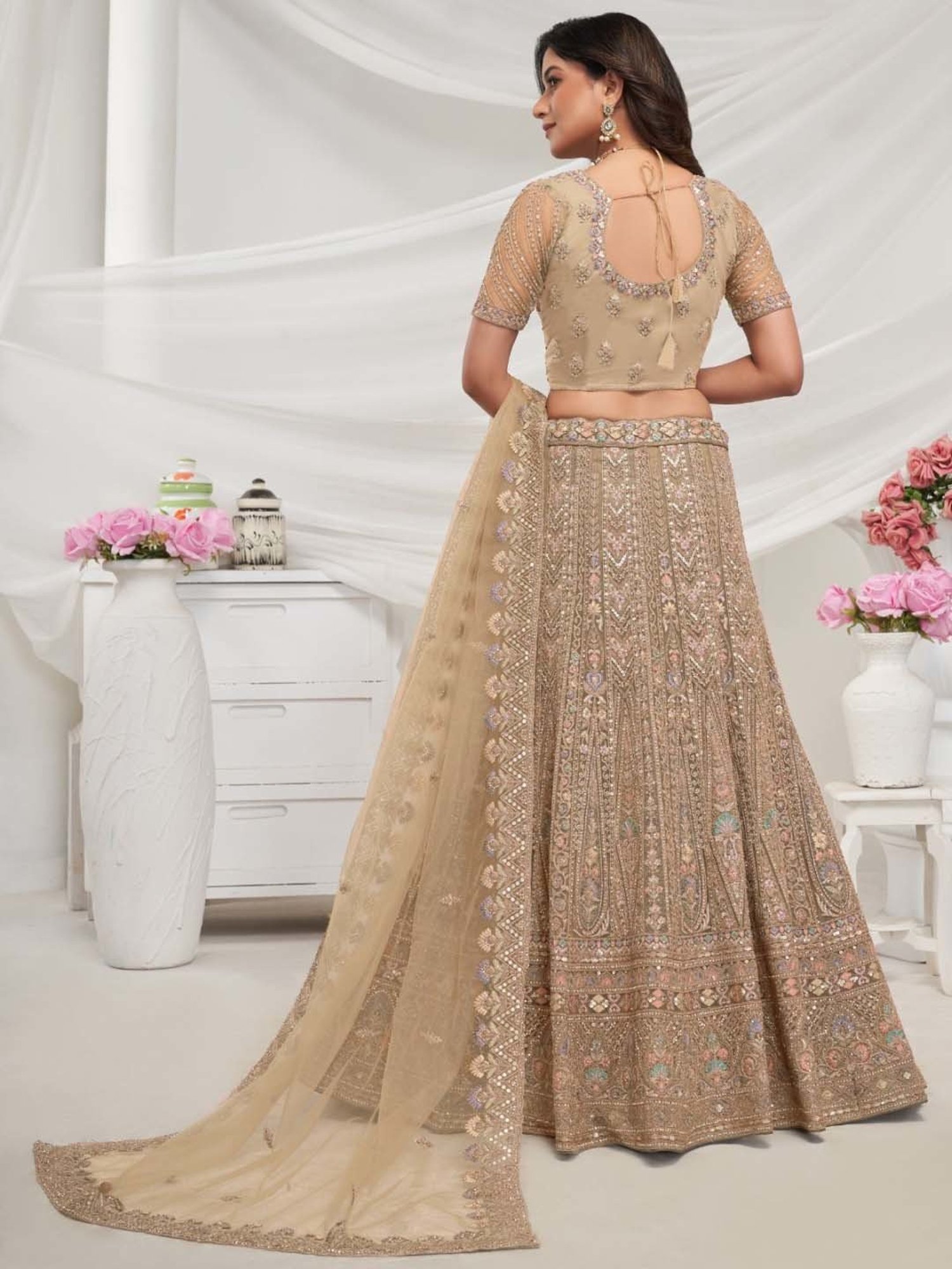 Odette Beige Embroidered Lehenga Choli Set With Dupatta