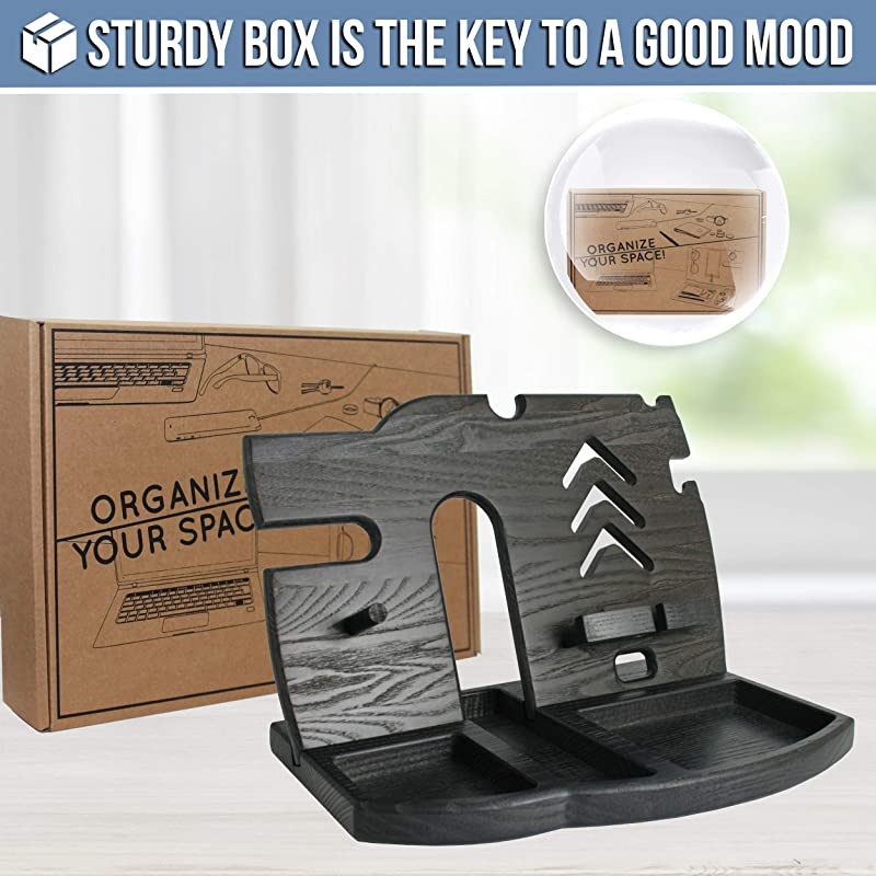 Wood Docking Station Tray Cell Phone Smartwatch Holder Men Charging Accessory Nightstand Father Mobile Base Gadget Organizer Dresser Wallet Storage Anniversary Birthday Graduation Gift