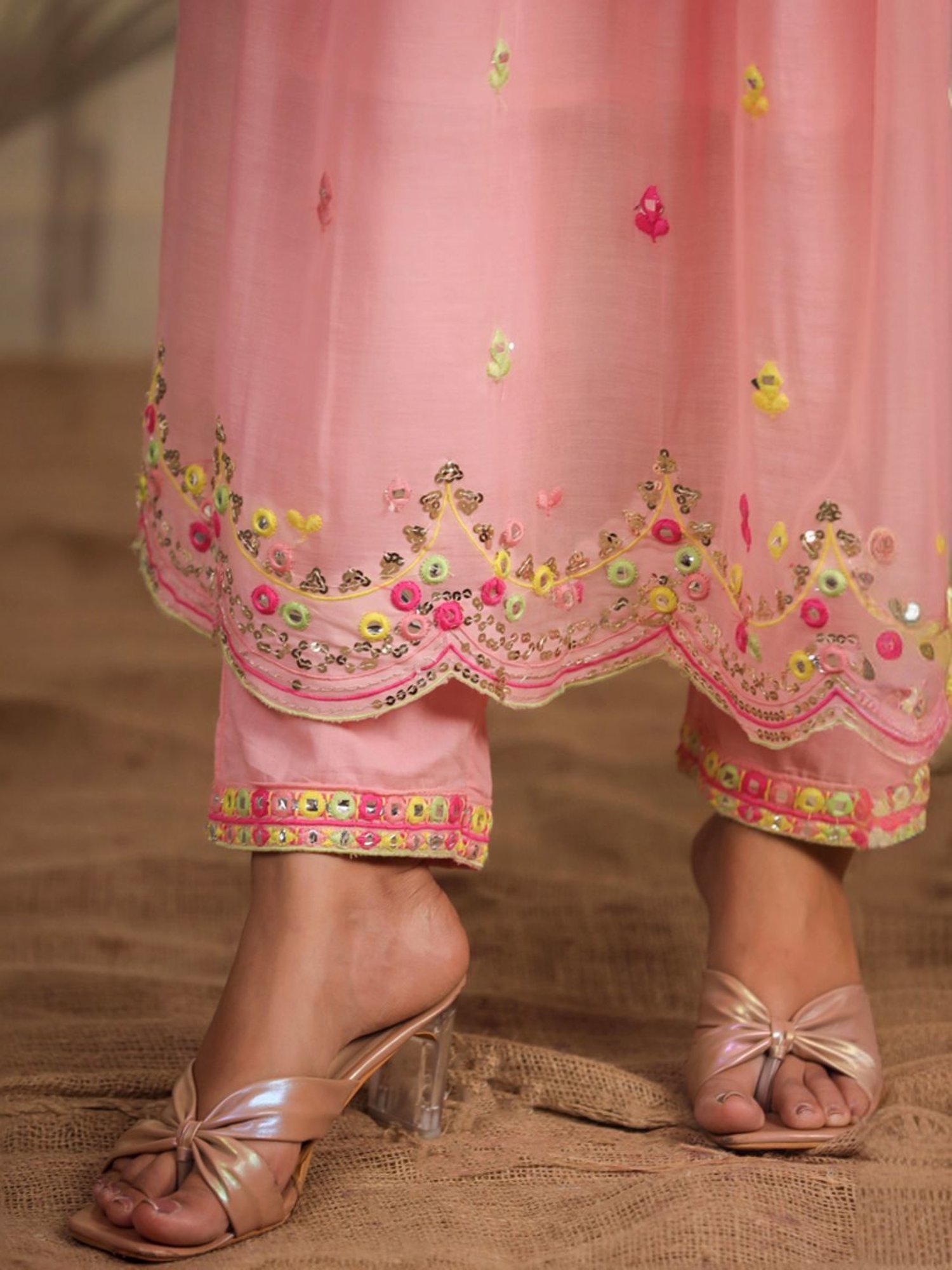 SCAKHI Pink Cotton Embroidered Kurta Pant Set With Dupatta