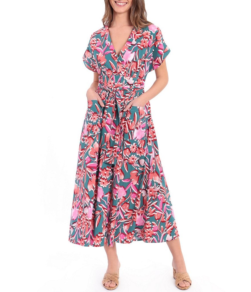 Donna Morgan Floral Faux Wrap V-Neck Maxi Cotton Dress